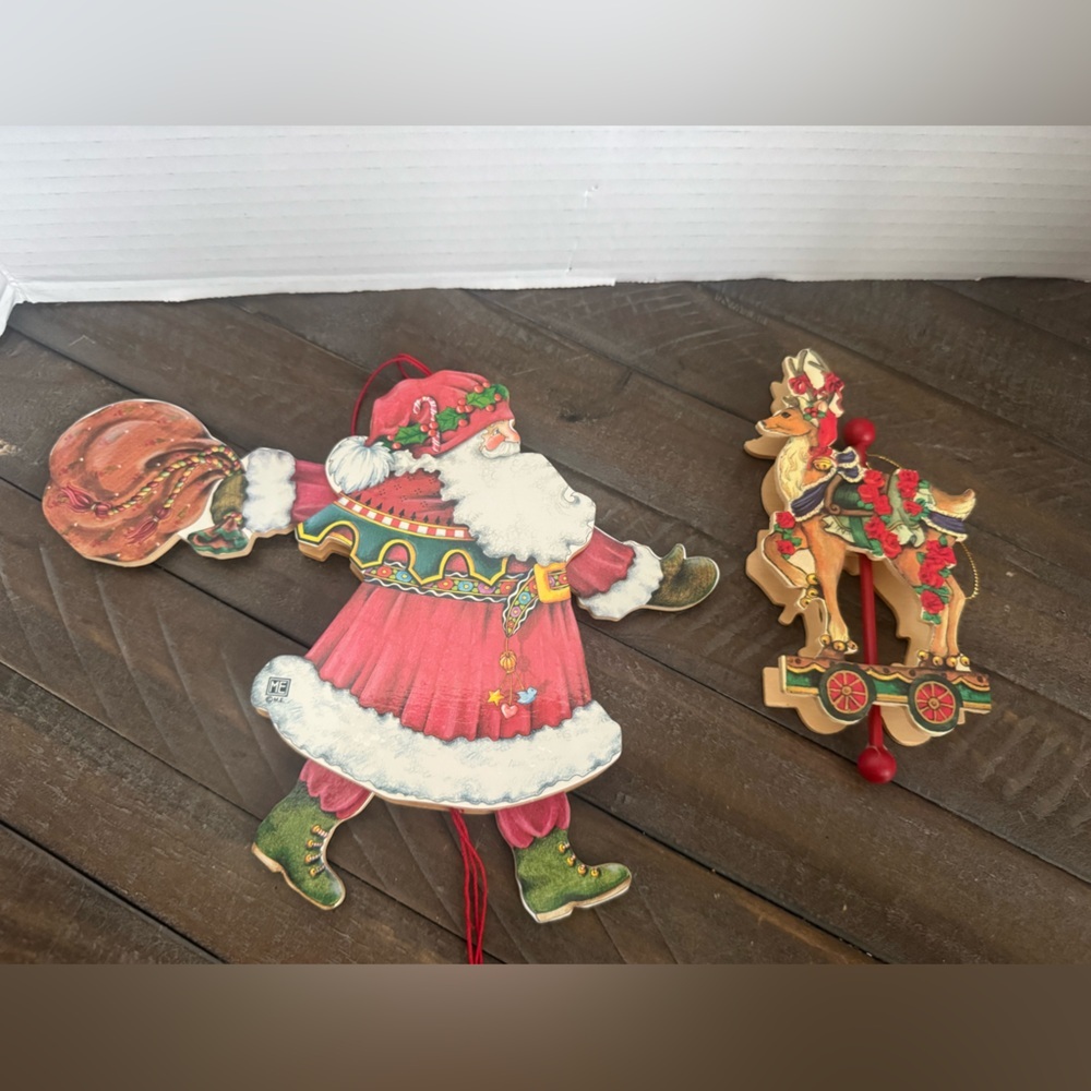 Vintage Wooden Mary Engelbreit Pull String Santa with sack and 3D Deer